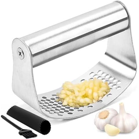 Hendiy Garlic Press, Garlic Mincer Garlic Press Stainless Steel Heavy Duty Garlic Crusher, Garlic Press Rocker with Silicone Garlic Peeler & Brush Cover