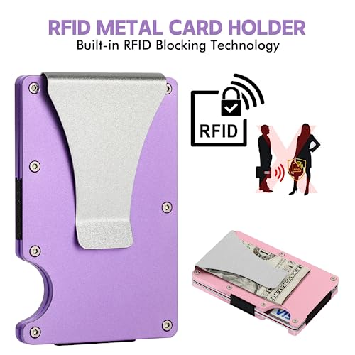 SCULPFUN 2pcs Minimalist Wallet for RFID Blocking, Slim Aluminum Metal Pocket Wallet with Money Clip, Metal Wallets for Women, Personalizable Laser Engraving (Pink+Purple)2