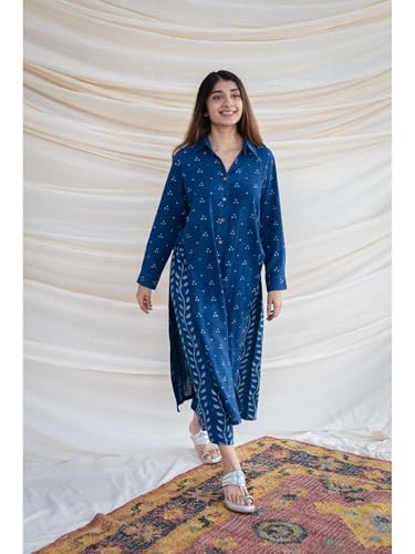 Image of Women's Indigo Blue Cotton Ethnic Co-Ord Set | Kurta Pant Set | Kurta Palazzo Set | Stylish Printed Suit Set for Women