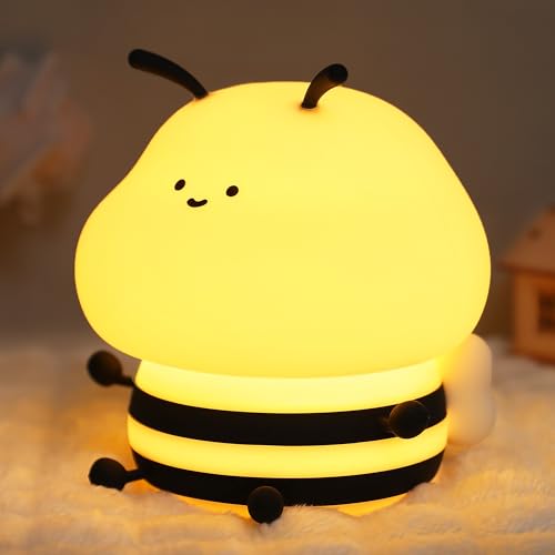 Image of YuanDian Cute Bee Night Light for Kids, Nursery Night Lamp Kawaii Animal Bedside Nightlight with 7 Colors 3 Levels Dimmable Tap Control Rechargeable Nightlights