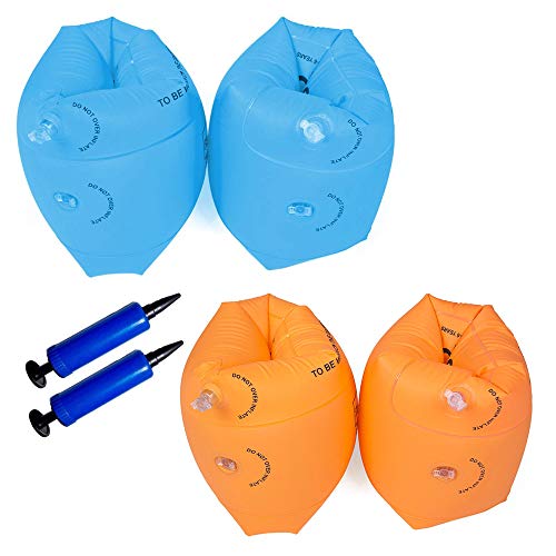 Swallowzy Inflatable Swim Rollup Arm Bands, 4 Pack Float Sleeves Swimming Armbands with 2 Pack Air Pump for Children and Adult