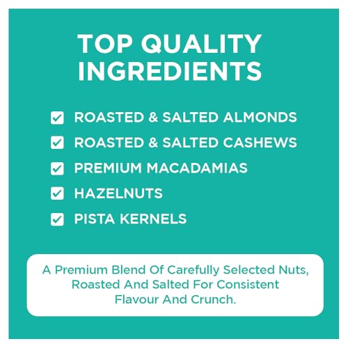 Image of Nutty Gritties Daily Nuts with 5 Exotic Nuts Macadamias, Hazelnuts, Pistachio Kernels, Almonds, Cashews | Dry Roasted with Himalayan Pink Salt | Healthy Snack with Zero Oil, 210g (Each Pouch 35g, Pack of 6)