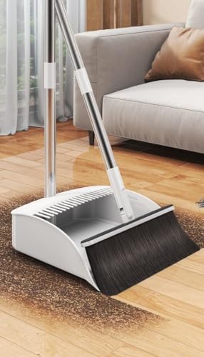 Image of Plastic Broom and Dustpan Set Fordable Windproof Dust Pan with Aluminum Handle Upright Standing Floor Sweep