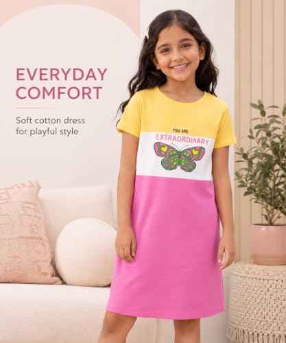 Image of KYDA KIDS 100% Pure Cotton Printed Round Neck Regular fit Half Sleeve Multicolor Long Top for Girls - (Pack of 1)