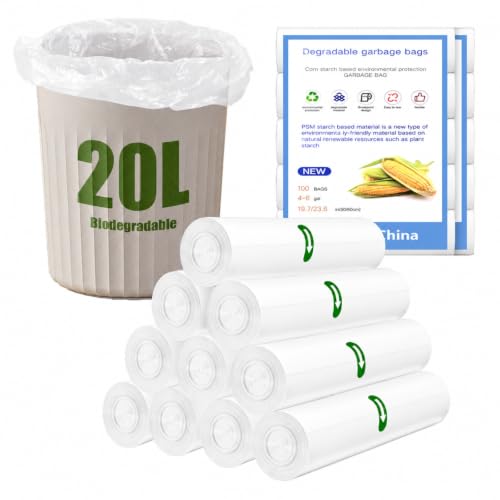 NARYVORA 200 Piezas Bolsas Basura Biodegradable 20L, 10 Rollen 50x60cm Bolsa Basura, 4-6 Gal Prueba de Fugas Bolsas de Basura para Sala de Estar, Cocina, Baño, Oficina, Blanco