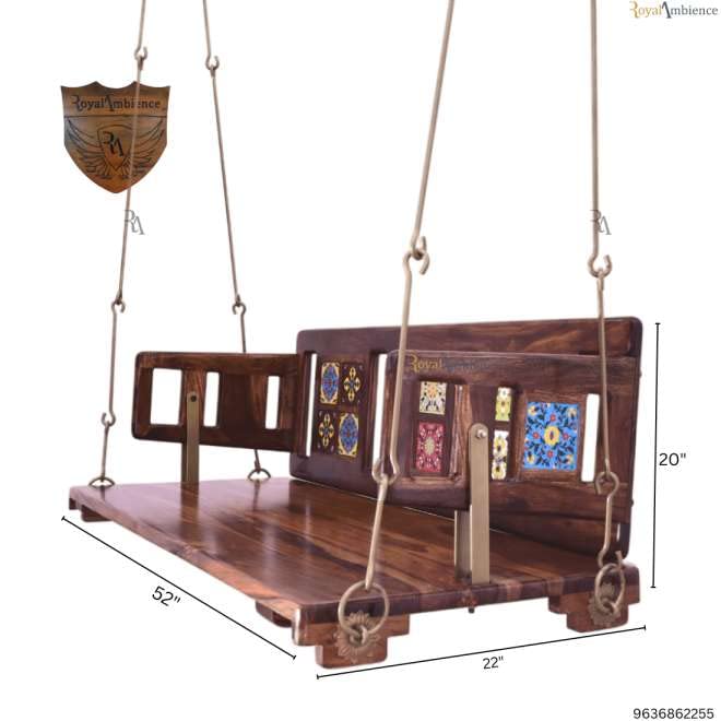 Image of Wooden /Jhula Reversible Tile with Brass Coated Chain Swing Without Cushion- Mannu (40 Inch)