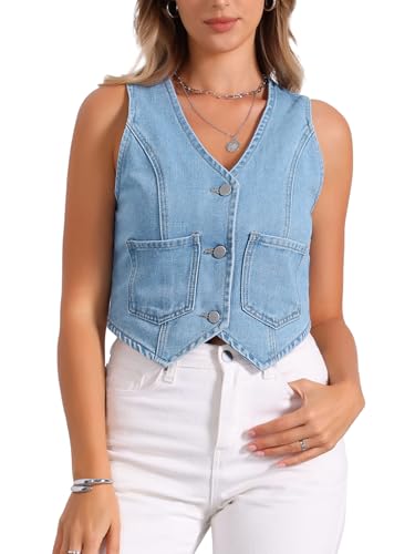 Allegra K Women's Denim Vest Sleeveless Crop Denim Top Button Down Waistcoat Streetwear Y2K Western Jean Vests