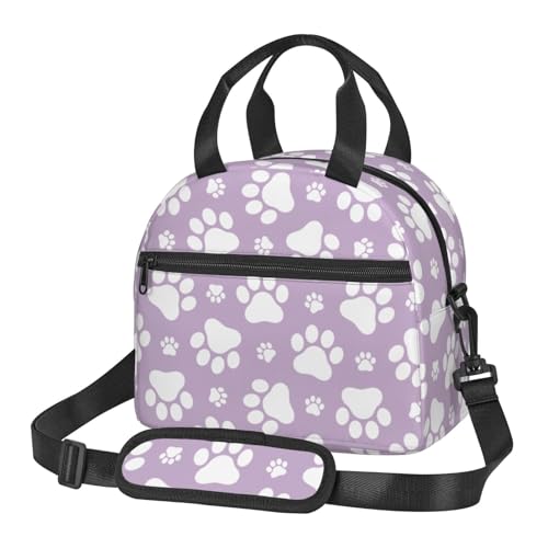 Perinsto Cute Dogs Animal Paws Purple Lunch Bag Reusable Insulated Lunch Tote Bag Lunchbox Container With Adjustable Shoulder Strap For Office Work College Picnic Travel