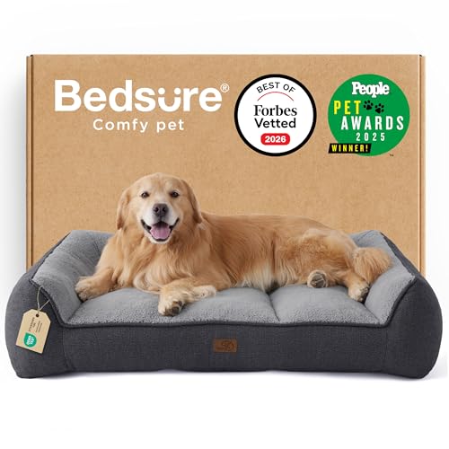 Bedsure Lettino Lavabile per Cani Grande - 122x89cm Divano per Cani Extra Spesso e di Sostegno con Rivestimento Impermeabile, Cuccia Antiscivolo in Peluche Sherpa Morbido, Grigio Scuro
