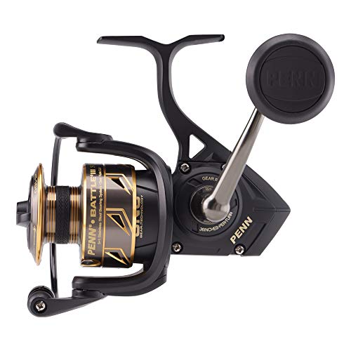 PENN Battle III Spinning Inshore Fishing Reel, HT-100 Front Drag, max of 15lb | 6.8kg, Made with Sturdy All-Aluminum Composition for Durability,Black/Gold