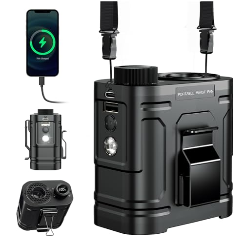 Portable Waist Fan 10000mAh Rechargeable Belt Fan Clip on Waist Portable Cooling Fans 100-Speeds Shirt Fans, Ultra-Long 40H Runtime Hand-Free Hanging Neck for Outdoor/Hiking/Delivery/Fishing/Workers