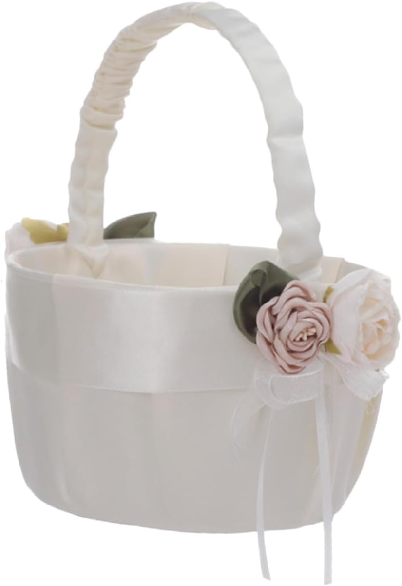 White Lace Flower Girl Basket with Fabric Flowers, Handheld Wedding Cloth Basket for Ceremony Supplies, 1pc