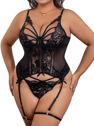 Donnalla Plus Size Lingerie for Curvy Women Sexy Lace Corset and Panty Outfits Garter Lingerie Sets Black XXL