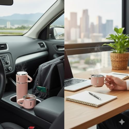 Image of Stainless Steel Vacuum Insulated Bottle Set 500ml with 2 Cups Combo Leak Proof Water Flask Bottle for Tea Coffee Water Travel School Office Corporate Gifts Pink Simple - Not a Thermos