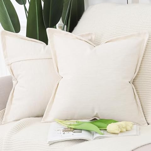 MADIZZ Set of 2 Linen Throw Pillow Covers with Broad Edge Soft Boho Decorative Pillow Cases for Sofa Bedroom Modern Pillow Shell 18x18 Inch Ivory Cover