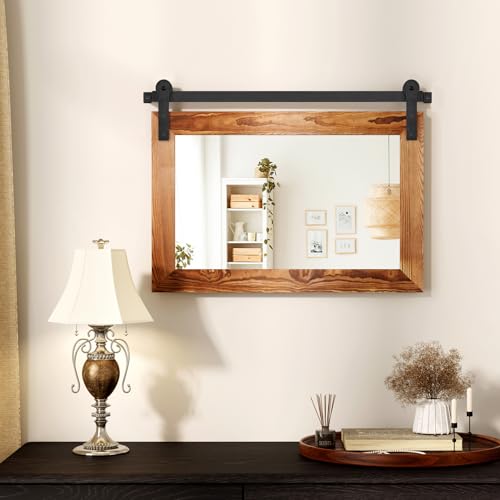 Image of COGOOD Farmhouse Barn Door Mirror - 25 X 18 Rustic Wood Framed Decrative Mirror for Bathroom, Living Room, Entryway Wall Decor (Brown)