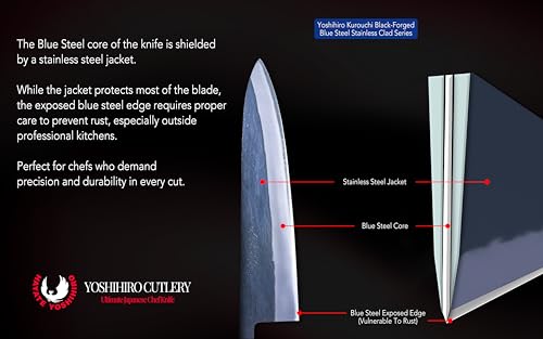 Image of Yoshihiro Kurouchi Black-Forged High Carbon Blue Steel Stainless Clad Kiritsuke Japanese Multipurpose Knife Ebony Handle (9.5 inch (240mm) & Saya)