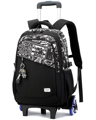 Lutuan Mochila con Ruedas Niño, 26L Mochilas Escolares Grandes Impermeable Adolescentes con Carrito, Mochila Instituto Chico Trolley Desmontable para Viaje, Negro