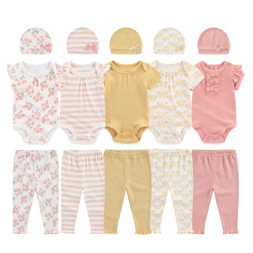 0-12 Months Unisex Baby Pants Sets New born Bodysuit and Hats 15 Pack Boy Girl Infant Comfort Outfit Clothes