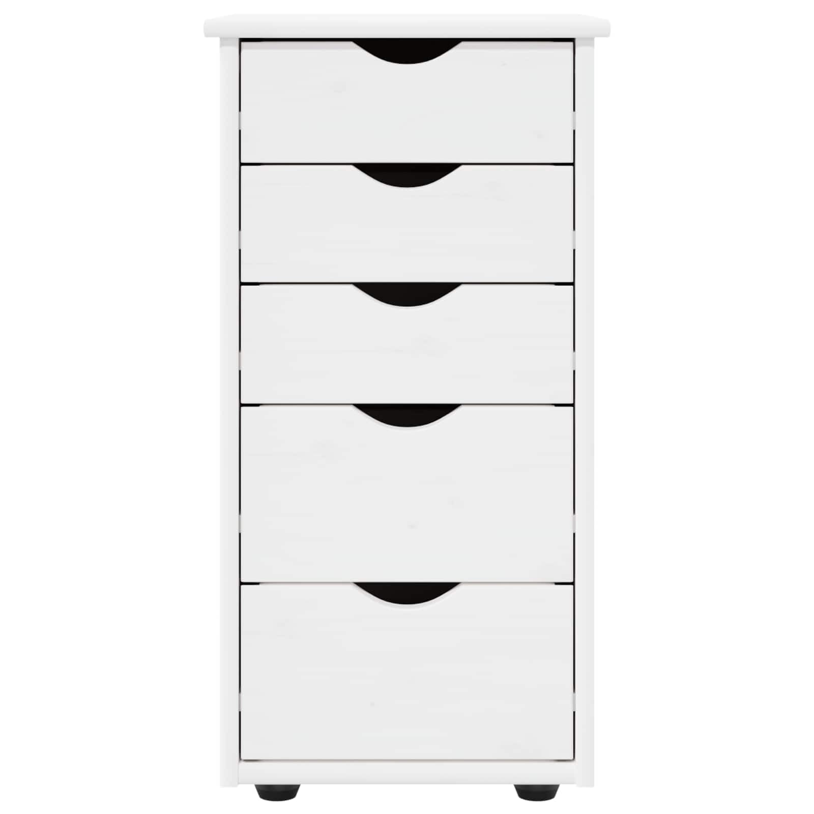 Schrank Weiß aus Massivholz Kiefer 34 x 39 x 61,5 cm mit 5 Schubladen, Aufbewahrungsschrank für Wohnzimmer Schlafzimmer und Büro, Flexibler Mehrzweckschrank mit Stauraum und Rollen