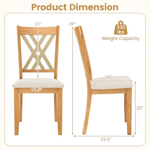 Image of COSTWAY Wooden Dining Chairs Set of 4 with Fabric Padded Seat, Natural | Farmhouse Armless Kitchen Side Chair with Rubber Wood Frame & High Back for Dining Room, Living Room and Restaurant