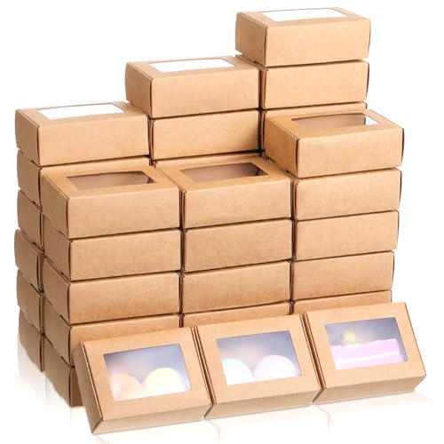Oqqlin 100 Pcs Soap Boxes for Homemade Soap 3.35 x 2.36 x 1.18 Inch Brown Rectangular Paper Soaps Packaging Boxes Small Multifunctional Treat Box with Window for Soaps Bakery Candy Party Treats