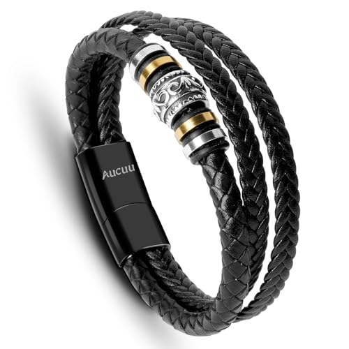 Aucuu Pulsera de Cuero Trenzado para Hombre, Pulsera de Cuero Premium con Cierre Magnético de Acero Inoxidable, Pulseras para Niños, Regalo de Cumpleaños para Hombres   Negro