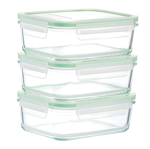 Kinetic Modern Eco Glass Lunch Containers, 3-Pack, 30oz - Glass Meal Prep Containers with Airtight Lids - Stackable, Dishwasher Safe