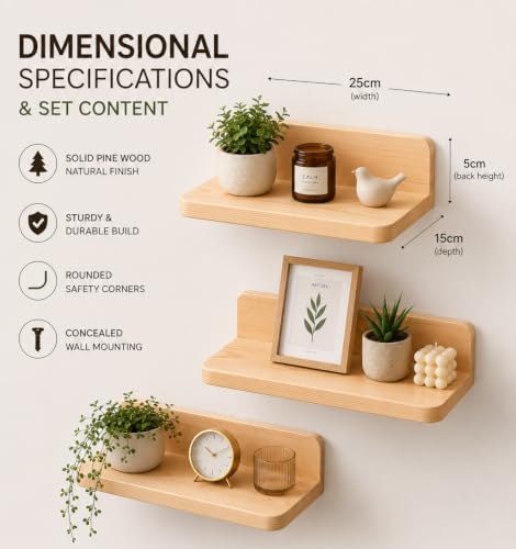 Image of A&A Studio Solid Pine Wood Floating Wall Shelves Set of 3 | 25 x 13 cm Wooden Wall Mounted Shelves | Rustic Shelf for Living Room, Bedroom, Bathroom, Kitchen & Office