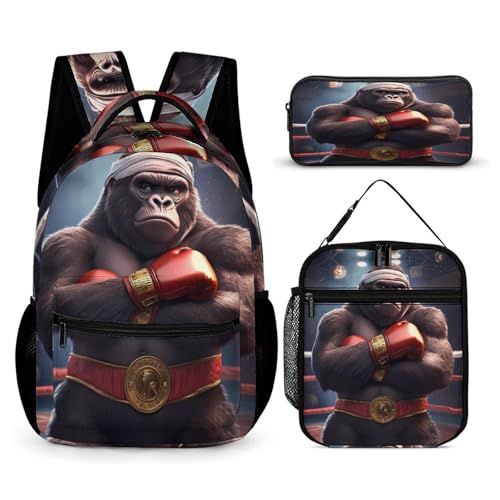 Gorillas Boxing Champion Cute Backpacks Set Lightweight Lunch Bag Aesthetic Pencil Cases for Travel Work