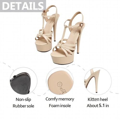 Womens Platform T-Strap High Stiletto Heel Sandals Fashion Slingback Round Peep Toe Thick Sole High Heels With Adjustable Ankle Strap Buckle For Party Prom3