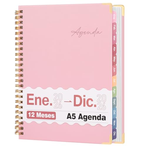 Agenda 2026 en Español(Ene.-Dic) con Planificador Semanal y Mensual | Incluye Pestañas Indexadoras de Colores | Ideal para Organización del Trabajo, Planificación Familiar, Estudio y Entrenamiento