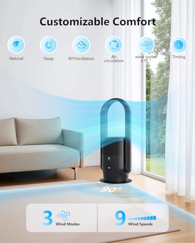 Image of ULTTY Bladeless Tower Fan and Air Purifier Combo, Quiet Oscillating Fan with Remote & Touch Control, 9 Speeds, 8H Timer, HEPA Air Filter, Safe Floor Fan for Bedroom Home Office Black, 23.5 inchinch