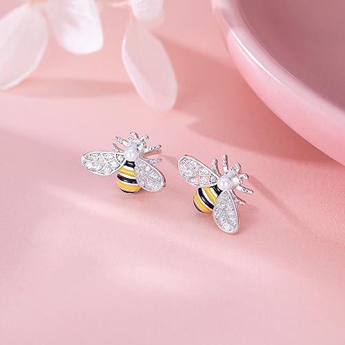 Reffeer Solid 925 Sterling Silver Cute Bee Earrings Stud for Women Teens Small Freshwater Pearl Bee Earrings4