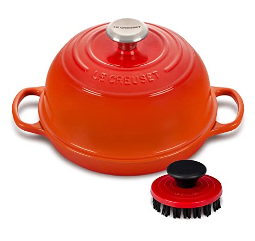 Le Creuset Enameled Cast Iron Bread Oven Bundle with 3 1/4 Nylon Cleaning Brush - Flame