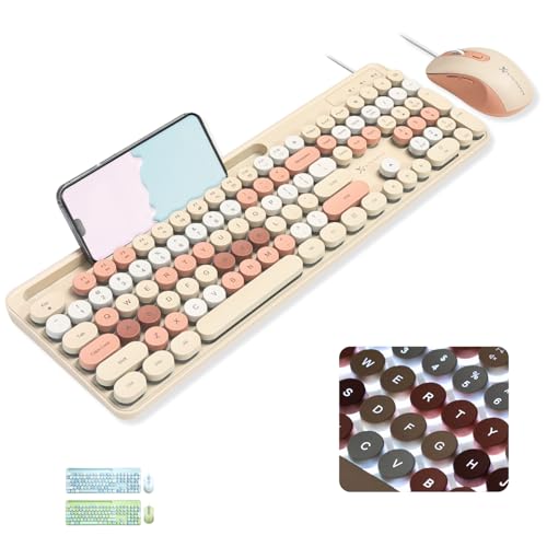 X9 Wired Keyboard and Mouse Combo with Phone/Tablet Holder - Full-Sized 109 Keys Pastel Keyboard and Adjustable DPI, Backlit Keyboard and Mouse for PC, Windows, MAC, Desktop, Laptop - Brown
