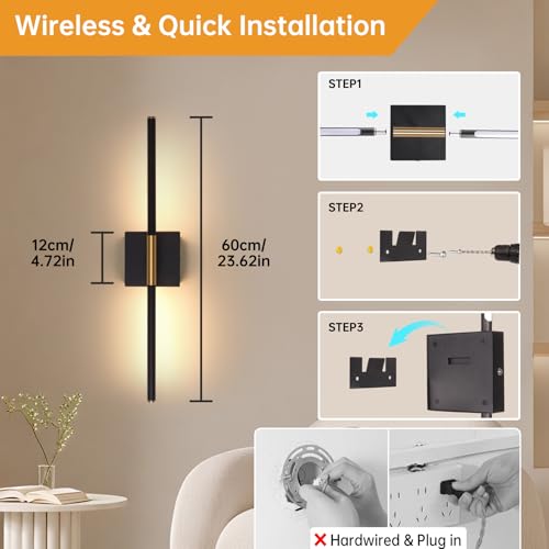 Image of Shenmoyl Battery Operated Wall Sconce Set of 2, 8000mAh Wireless Wall Sconces, 3000K-6000K Dimmable, 350Rotate, Indoor Wall Lights with Remote for Bedroom Living Room Bathroom, Black Gold, 23.6 Inch