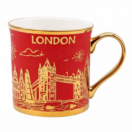 JRose Collections Tasse souvenir de Londres en porcelaine fine 300 ml – Motif horizon rouge et doré – Tasse à thé et café en céramique avec poignée...