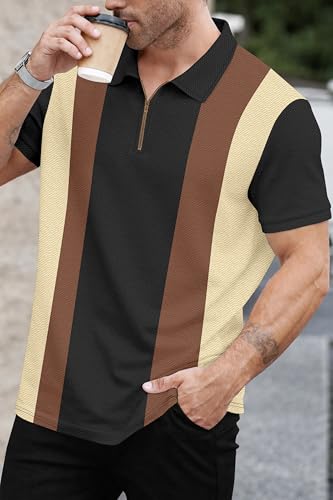 Image of Avix Men's Vertical Striped Polo Shirt with Half Zipper, Short Sleeve Collared T-Shirt Color Block Design