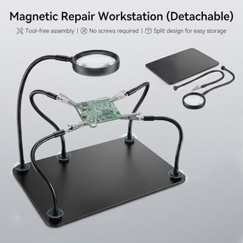 Image of Helping Hands Soldering Station with 5X Magnifying Glass, Soldering Holder Metal Circuit Board Holder 4 Flexible Metal Arms Magnetic Helping Hand for Soldering, Assembly, Repair