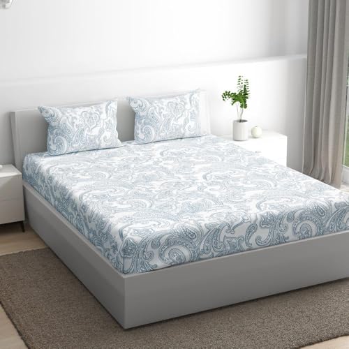 Image of Wakefit Cotton Fitted Bedsheet | 200 TC Elastic Fitted Sheet, Queen Bed Bedsheet with 2 Pillow Covers | Paisley - 75X60 Inches,Assorted