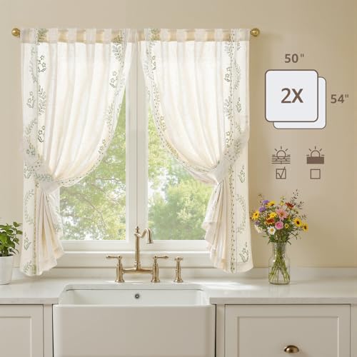Image of jinchan Green Floral Linen Kitchen Tier Curtains 50x54 Inch 2 Panels