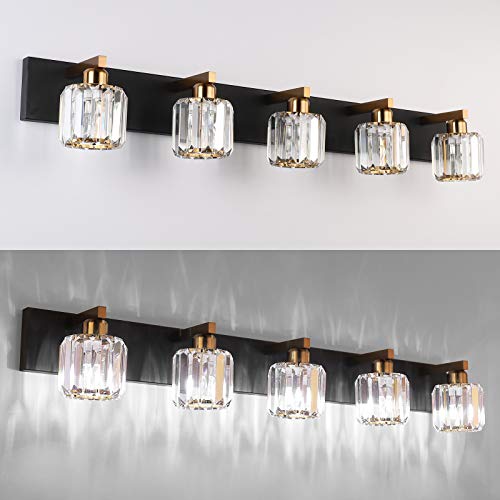 Image of Aipsun Crystal Bathroom Vanity Light Black Vanity Lighting fixtures 5 Lights Crystal Vanity Light for Bathroom(Exclude Bulb)