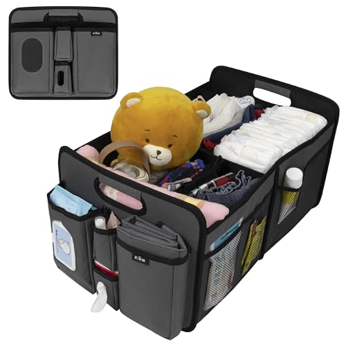 Image of XEVAR Baby Diaper Caddy Organizer – Baby Caddy with Diaper Changing Mat, Car Diaper Caddy with 3 Compartments, 8 Mesh Pockets & Zipper Pocket – Portable Changing table Organizer for Diapers, Grey