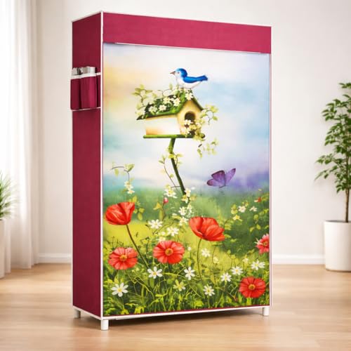 Image of FLIPZON Collapsible Fabric Wardrobe Organizer for Clothes (Iron and Non Woven Fabric) (Bird & Floral Printed Design, 6 Shelve)