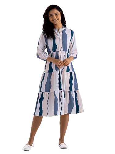 Image of AASK Women Diamond Creap Striped Printed Mandarin Collar Fit & Flare Dresss