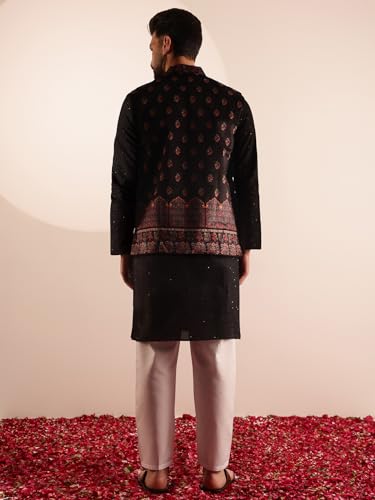 Image of SOJANYA Men's Silk Blend Black Kurta & White Pyjama With Velvet Paisley Design Nehru Jacket