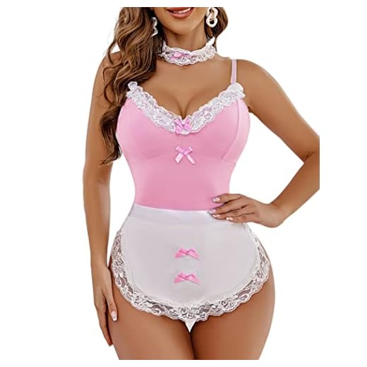 Avidlove Women's Costumes Teddy with Lace Trim Aoron Halloween Maid Role Play Outfits Sexy Pink L
