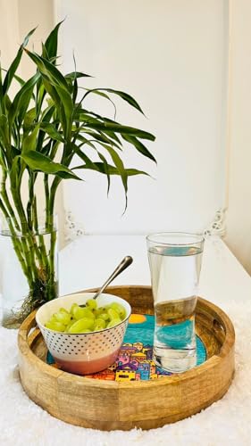 Image of Wooden Designer Round Serving Tray - 12 Inch | Premium Mango Wood Decorative | Eco-Friendly Non-Toxic Multipurpose Serving Tray for Tea, Coffee, Snacks, Kitchen & Gifting(Teal Blue FC)
