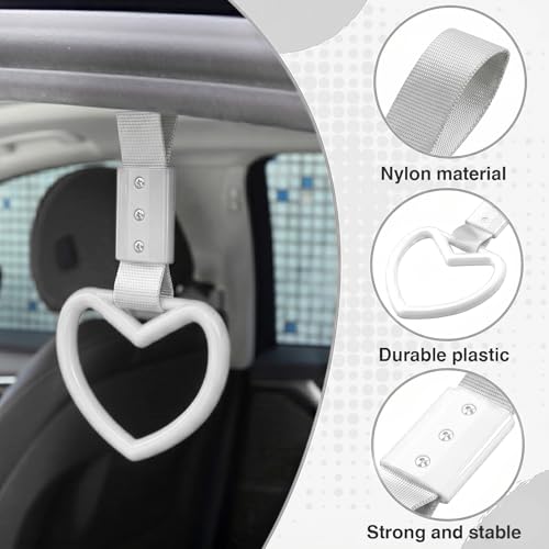 Image of 2PCS Heart Shaped Car Handle Straps, Rear Bumper Warning Keychain Ring for Car Exterior Accessories (White-Silver)